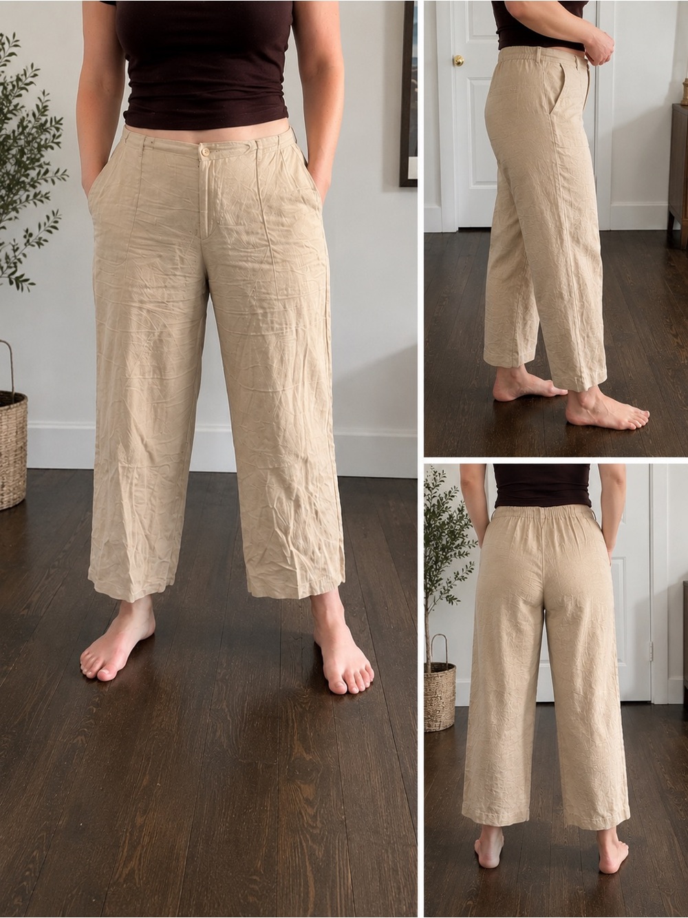 Jessica London Linen Blend Wide Leg Crop Pants 14P Oatmeal Beige Elastic Waist